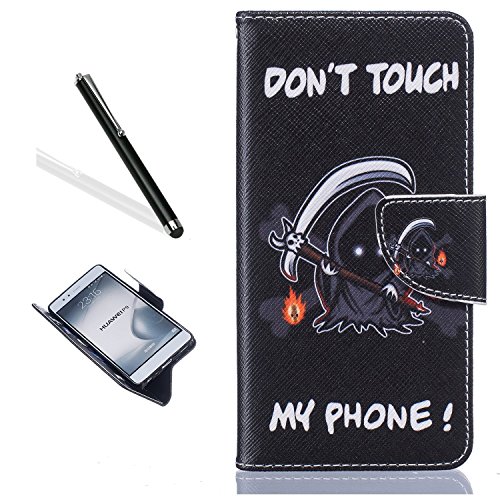 Preisvergleich Produktbild Huawei P9 Hülle,Huawei P9 Hülle Case,Leeook Schön Retro Elegant Cool Schwarz Teufel DON'T TOUCH MY PHONE Muster Malerei Entwurf Ledercase Tasche Hüllen Brieftasche PU Lederhülle Flip Klapp Hülle im Bookstyle Cover Schale Stand Ständer Etui Karten Slot Schutzhülle Tasche Wallet Case für Huawei P9 + 1 x Schwarz Eingabestift-Black Devil