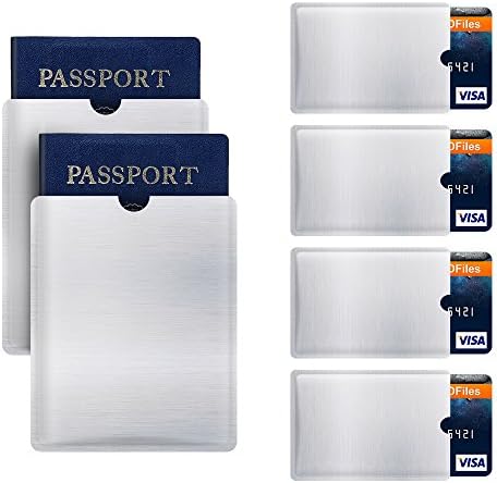 RFID & NFC Blocking Card RFID Credit Card Sleeve Contactless Card Protection Sleeve Credit Card/ATM/ID Card Holder Case Anti Theft 4 Credit Card & 2 Passport Secure Sleeve Protectors(6 Pack, Silver)
