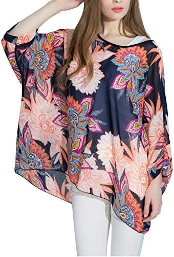 QQI Women Batwing Sleeve Loose Shirt Casual Tops Boho Style Beach Bikini Cover Up Chiffon Kimono Coverups Womens Cardigan Swimwear Beachwear Beach Dress Tops Blouse (color43)