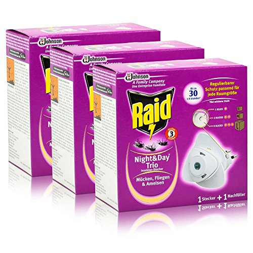 3x Raid Night & Day Trio Insekten Stecker & Nachfüller, gegen Mücken, Fliegen & Ameisen