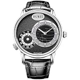 BUREI Two Time Zone Herren Armbanduhr Schwarzes Zifferblatt mit Saphirkristallen Echtlederband für Reisen und Business (Black)