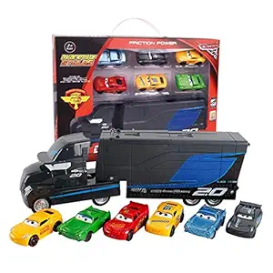 METRO TOYS & GIFT Plastic Hauler Truck with 6 Diecast Cars with race track Best Gifts Toys for Kids Boys - 7 Pieces Set (Multicolour)