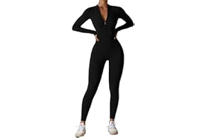 Belriviere Women Long Sleeve Workout Jumpsuit Zip Up Romper Bottom Pants Bodysuit Bodycon Athletic Sexy One Piece Outfit