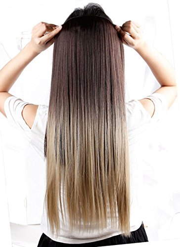 S-noilite® Damen Premium-Lang Glatt Haarverlängerung Haare Clip-in Dip Dye Ombre Menschen gemacht Haarteile(63CM,Dunkelbraun bis Graublond) - 3