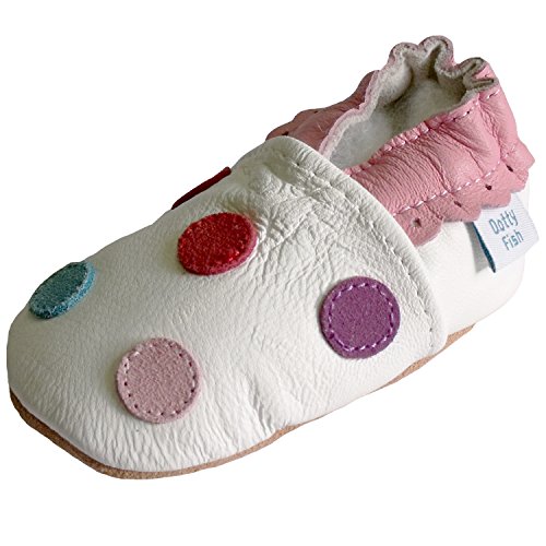 Soft Leather Baby Girl Shoes with Suede Soles by Dotty Fish. White Multi Colour spot design available in Newborn to 2-3 years.