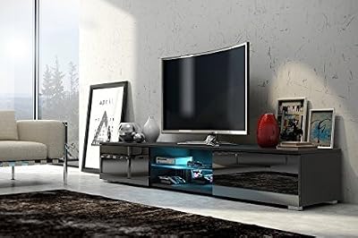 Selsey Meuble TV EDITH/ Cabinet pour la TV/ éclairage LED (noir mat/ fronts noir brillant)