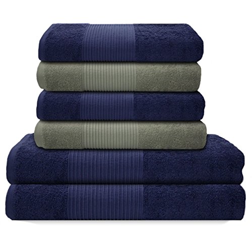 Liness Stripes 6 tlg Handtücher Set grau 4 Handtücher 50x100 cm 2 Duschtücher Badetücher 70x140 cm 100% Baumwolle Frottee Duschtuch Badetuch Handtuch Set grau hellgrau silbergrau