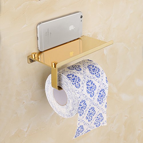 BONADE® Edelstahl Toilettenpapierrollenhalter WC-Papierhalter Rollenhalter Halter mit Ablage, zur Wandmontage, Gold - 2