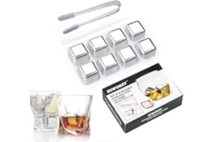WIWONEY Cubetti di Ghiaccio in Acciaio Inox per Whisky, Pietre per Whisky Riutilizzabili, Whiskey Stones Set di 8 con Pinze per Ghiaccio, Vassoio per Congelatore