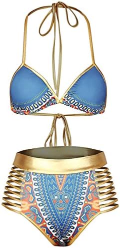 African Printing Sexy Hanging Neck Triangle Bikini High Waist Split Swimsuit,L