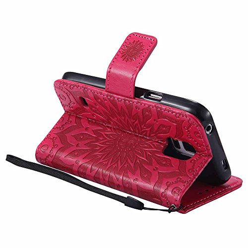 Galaxy S5 Mini Hülle, Dfly Premium Slim PU Leder Mandala Blume prägung Muster Flip Hülle Bookstyle Stand Slot Schutzhülle Tasche Wallet Case für Samsung Galaxy S5 Mini, Rot - 6