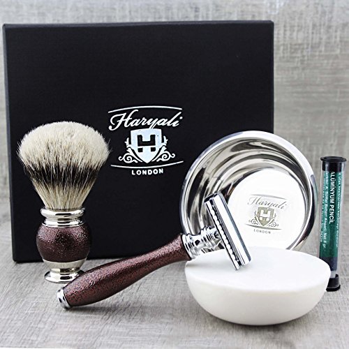 Haryali London 5Pc Mens Shaving Kit Safety Razor, Silver Tip Badger Hair Brush, Soap, Bowl and Alum Set For Men - Image 5