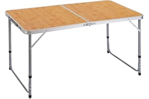 LOLAHOME Mesa Plegable Camping y Playa 120x60x70 cm,Altura Regulable 50-60-70 cm Mesa Picnic portátil con asa Transporte, Patas Plegables Acero, Tablero MDF Aspecto Madera Nogal, marrón, antivuelco y compacta