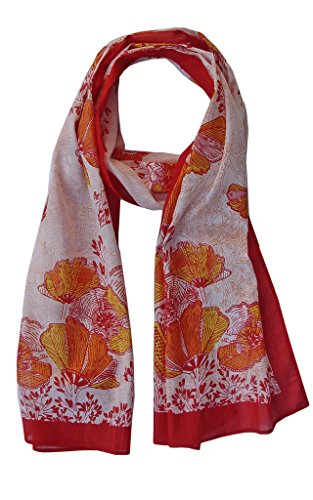 Ayurvastram Bufanda con diseño de colibrí y amapola, de algodón suave Dorado Red Orange Poppy Print Talla única