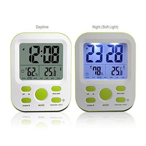 Digital Wecker wiederaufladbar, SSA Kleine Schreibtischuhr mit Temperatur, Feuchtigkeit, Woche 12 / 24h Display, Snooze, Reiseuhren für Teens, Kinder (Stand) - 3