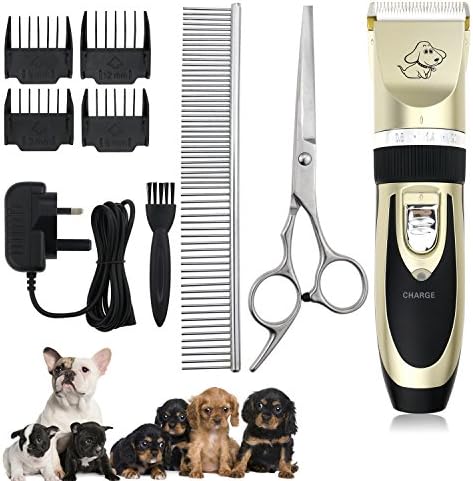 WisFox Pet Grooming Clippers Rechargeable Cordless Pet Hair Shaver Electric Clippers Grooming Trimmer Kit Set with Low Noise Vibration Including 4 Comb Guides, Steel Scissors &amp; Cleaning Brush for Dogs Cats and Other Pets