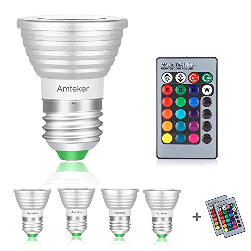 Amteker 4 Pack RGBW Multicolor LED Bombilla, 3W E26 / E27 - Incluye Control Remoto con Cambio de 16 Colores - 