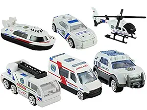 DealBindaas Fire Rescue Service Set of 6 Pcs | Ship | Car | Fire Brigde | Jeep | Tank | Transportation Vehicle | Free Wheel | Scale 1:64 | Kids Gift Toy | Dinky Model | Metal and Plastic Body