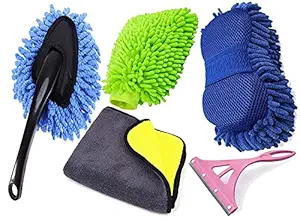 JUNGLI Pack of 5 Car Cleaning Accessories, Car Mini Duster, Microfiber car wash Cloth/Towel for Cleaning, Microfiber Sponge, Glass Wiper, Cleaning/polishing Glove, Car Washing kit