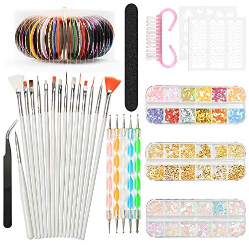 Nail Art Design Set Kit Pennelli Decorazioni Adesivi Nastro Decorazioni Strass, YZPUSI Unghie Nail Art Kit Attrezzi per Unghie Argento Colorate Strass Francese