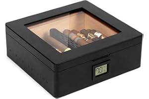 CASE ELEGANCE Humidor MAG, parte superior de vidrio con sello magnético, almacenamiento para 20-30 cigarros, negro mate con herrajes negros pulidos personalizados, higrómetro digital, negro