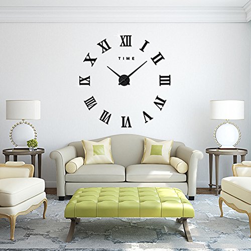 FAS1 Moderne DIY Große Wanduhr Big Armbanduhr Aufkleber 3D Spiegel Aufkleber Römischen Ziffern Wanduhr Home Office Abnehmbarer Dekoration (Akku Nicht Enthalten) Schwarz