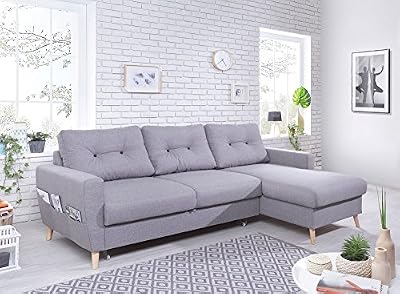 Bobochic - OSLO - Canapé d angle droite convertible - Gris clair - 225x147x86cm
