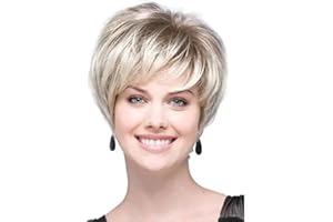 AIYLMZ Krótkie jasne złote peruki Pixie Cut z grzywką dla kobiet jasne złoto eleganckie puszyste warstwowe peruki naturalne puszyste żaroodporne peruki syntetyczne (jasne złoto)