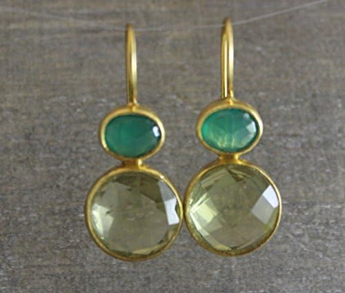 Green Onyx and Citrine Drop Gold Plated Sterling Silver Earrings Earwires