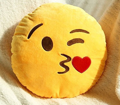 Cute Soft Plush Emoji Yellow Emoticon Smiley Round Cushion Stuffed Toy Doll Pillow - Kissing by Zhejia