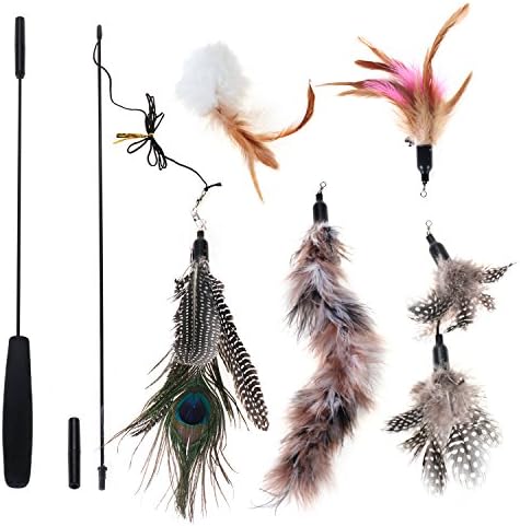 Chiwava Cat Toys Interactive Feather Wand with 5 Piece Furry Feather and bell Exercising for cat and Kitten