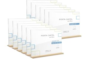 CHELY INTERMARKET Porta Cartel A5 15X20 CM Pack 12 Horizontal Base Madera Acrílico Transparente Señalética Tarifa Restaurante Negocio Información Eventos Mostrador Soporte Carteles