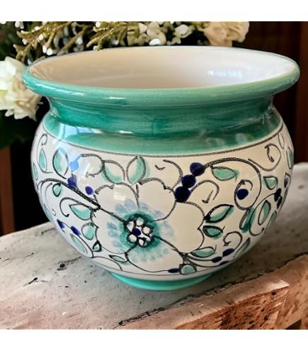 Vaso In Ceramica Tondo Blu Anticato, Stile Shabby Chic Per Casa E Giardino - 16x16x13 Cm