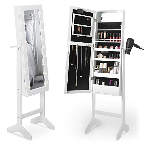 Beautify White Jewellery Cabinet with Mirror & LED Lights - Floor Standing Armoire Storage Organiser with Drawer and Shelves for Make Up, Jewellery, Nail Polish