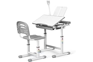 Maxmass Student Desk and Chair Set, School Study Table with LED Lamp, Tilt Desktop and Storage Drawer, Adjustable Height Children Writing Desk Chair Kit (Grey)