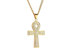 PAURO Herren Edelstahl Zirkonia Hip Hop Gold Ägyptischen Ankh Kreuz Anhänger Halskette Iced Out