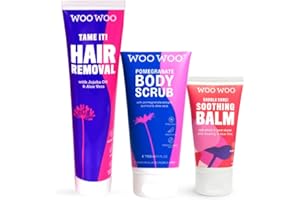 WooWoo The Bikini Babe Bundle - Tame It! Intimate Hair Removal Cream 100ml, Pomegranate Body Scrub 150ml and Saddle Sore Soothing Balm 50ml - Depilatory, Exfoliating Scrub and Moisturiser Set