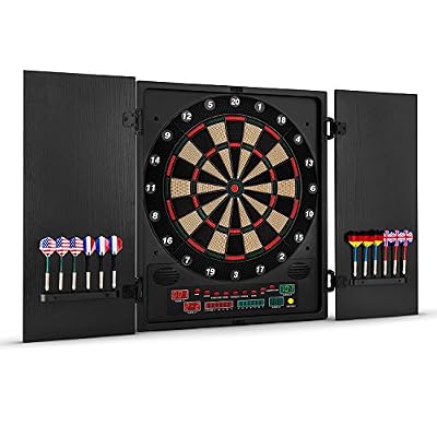 oneConcept Dartmaster 180 Jeu de fléchettes électronique professionnel (27 modes de jeux, 150 variations, porte en bois avec supports à fléchettes, 12 flèchettes et 12 pointes de rechange incluses) - noir