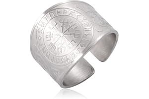 kkjoy Bague Large Viking Vegvisir 24 Runes en Acier Inoxydable Anneaux à Doigts Ouverts de Corbeau d'Odin Mythologie Nordique pour Femme Homme