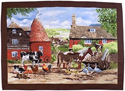 VINTAGE COUNTRY FARM ANIMALS RED BROWN GREEN 100% COTTON TEA TOWEL 70X50CM