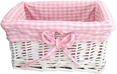 SHABBY CHIC WHITE WICKER STORAGE BASKET WITH PINK &amp; WHITE GINGHAM LINING …