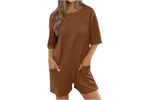 Keepink Oversized Rompers for Women 2024 Summer Casual Short Jumpsuits Half Sleeve Crew Neck Loose T-Shirt Romper with Pockets Athletic Workout Onesie Ladies Short Overalls Trendy