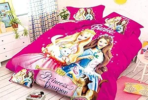 SinghsVillas Decor Barbie 144 TC Cotton Printed Single Bedsheet with 1 Pillow Covers - Pink