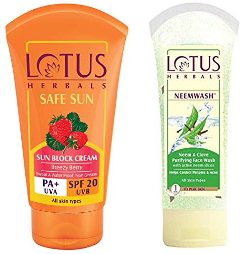 Lotus Herbals Safe Sun Block Cream SPF 20, 50g & Herbals Neemwash Neem And Clove Purifying Face Wash, 120g Combo