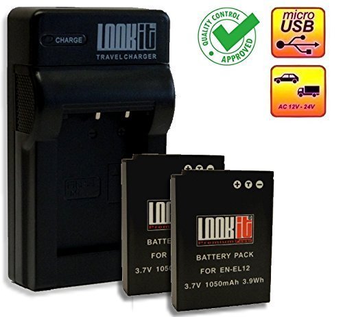 2x LOOKit Akku EN-EL12 (1050mAh) inkl. Ladegerät für passend zu Nikon Keymission 170 360 Nikon A900 S9900 P340 AW130 S9700 S9600 P330 COOLPIX A AW110 S31 S9500