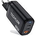 TechFlow 65W Fast Charger - 2 USB-C & 1 USB-A Ports, Universal Travel Charger with UK/US/EU Adapters, Compatible with iPhone, Samsung, Huawei, MacBook, Dell XPS, HP Laptops etc, GaN Wall Quick Charge