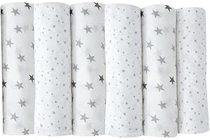 Trois Kilos Sept - Lot de 6 Langes Bébé - Carrés de Mousseline Coton -70 x 70cm- Multi-usages: Couverture, Doudou, Bavoir, Protection Solaire - Certifié OKEO-TEX - Cadeau Naissance - Motif Etoiles