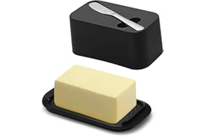 Evanda Plato de mantequilla con tapa para encimera y estante de la puerta del refrigerador con cuchillo untador de mantequilla, contenedor de bandeja de plástico para soporte de mantequilla
