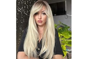 LEMEIZ Platinum Blonde Wig with Fringe, Wigs with Bangs, Ombre Brown to Blonde Wigs, Synthetic Straight Hair Long blonde Wig Fancy Dress 22 inch LEMEIZ-156