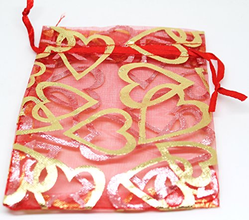20 rote Organzasäckchen verziert mit Herzen Geschenksäckchen 30 x 20cm vom Bastel Express